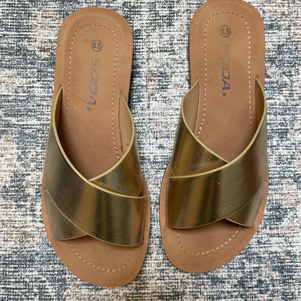 Gold slip, and sandals, size 6.5 by soda